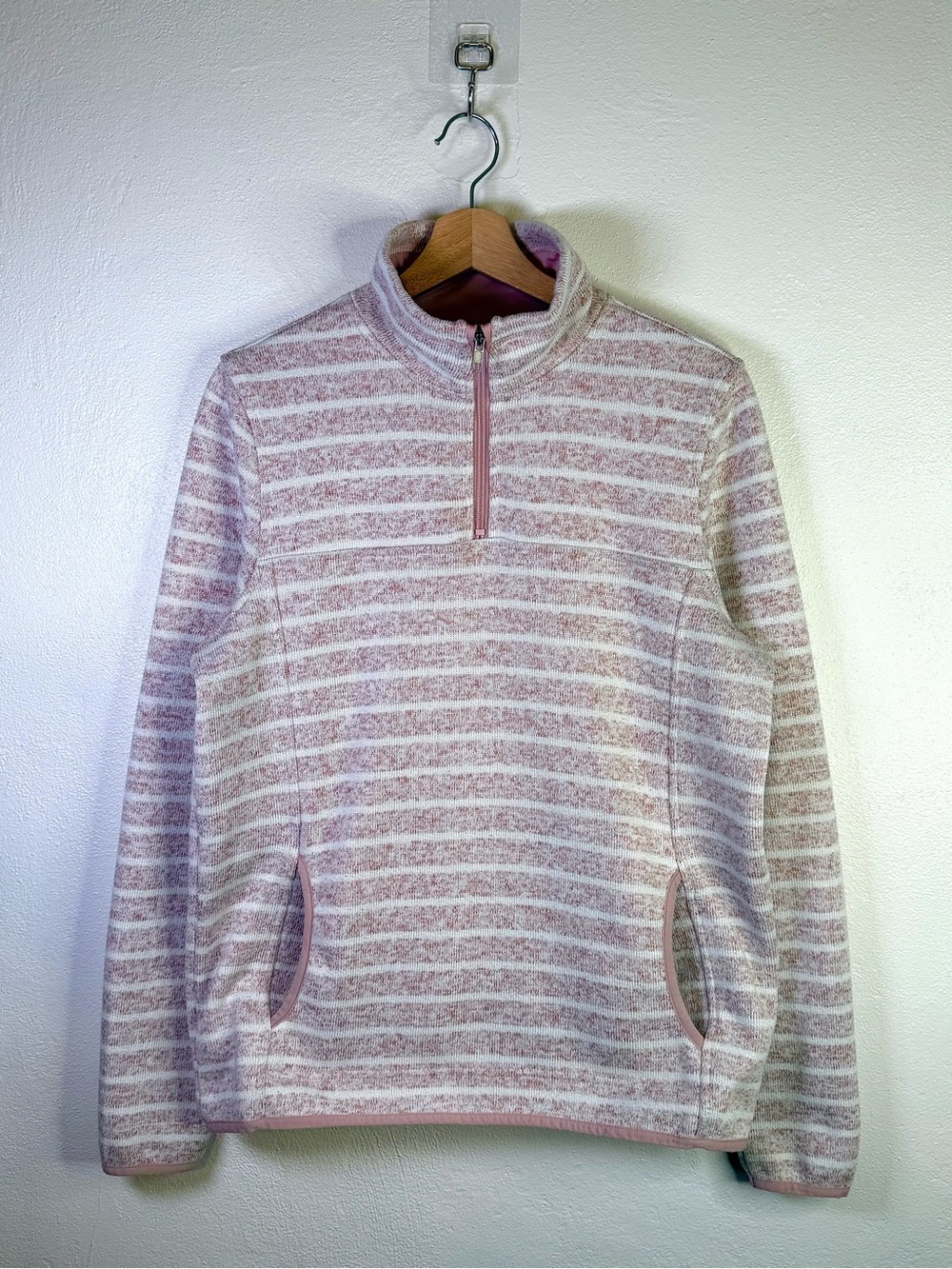 Thread & Supply Pink White Striped Marled Knit Quarter Zip Pullover Sweater Sz L - Picture 7 of 16